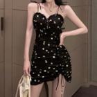 Spaghetti Strap Dotted Drawstring Mini Dress Black - One Size