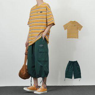 Striped Elbow-sleeve T-shirt / Drawstring-cuff Cropped Cargo Pants