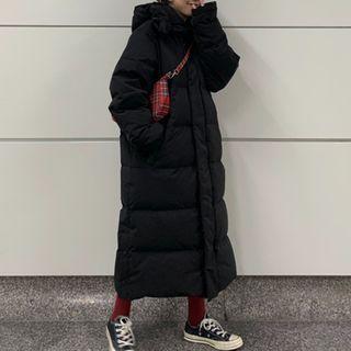 Hooded Zip Padded Long Coat Black - One Size