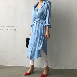 Satin Long Shirtdress With Sash