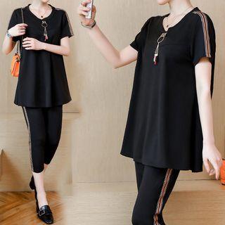 Set: Contrast Trim Short Sleeve T-shirt + Capri Leggings