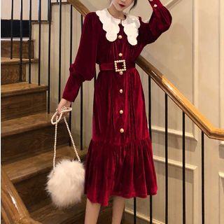 Long-sleeve Embroidered Collar A-line Midi Velvet Dress