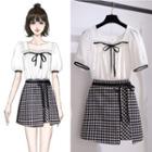 Short-sleeve Contrast Trim Top / Gingham Mini A-line Skirt / Set