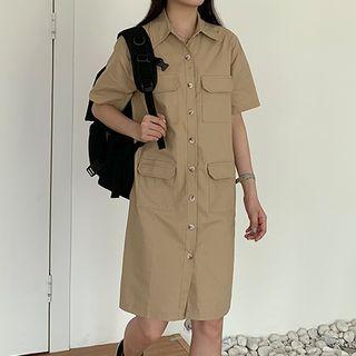 Plain Short-sleeve Shirt Dress Khaki - One Size