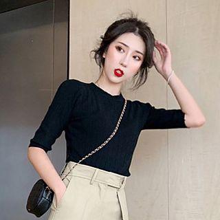 Elbow-sleeve Plain Top Black - One Size