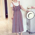 Set: Short-sleeve T-shirt + Wide-strap Striped Jumpsuit