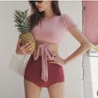 Set: Short-sleeve Crop Top + High-waist Bikini Bottom