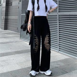 Butterfly Mesh Panel Straight Leg Pants