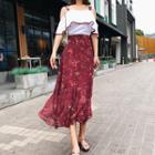 Set: Ruffle Trim Off Shoulder Elbow Sleeve Top + Floral Print Midi Skirt