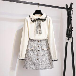 Set: Lace Trim Sweater + Contrast Trim A-line Skirt