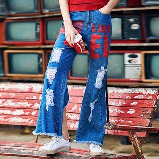 Lettering Wide-leg Ripped Jeans