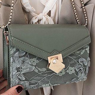 Lace Faux Leather Flap Crossbody Bag