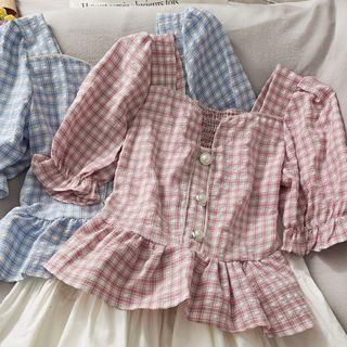 Checker Square-neck Peplum Top