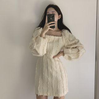Fringed Square-neck Long-sleeve Slim-fit Dress