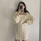 Fringed Square-neck Long-sleeve Slim-fit Dress
