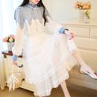 Printed Tie-neck Long-sleeve Blouse / Layered Mesh Midi A-line Skirt / Set