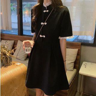 Lace Trim Short-sleeve A-line Dress Black - One Size