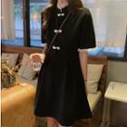 Lace Trim Short-sleeve A-line Dress Black - One Size