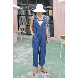 V-neck Pocket-detail Denim Suspender Pants