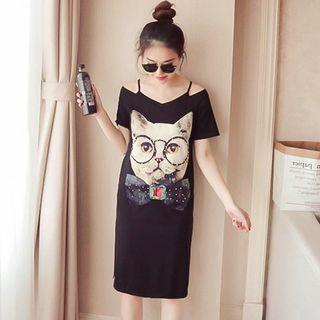 Cat Applique Short-sleeve T-shirt Dress