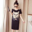Cat Applique Short-sleeve T-shirt Dress