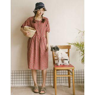 Puff-sleeve Half-placket Gingham Dress