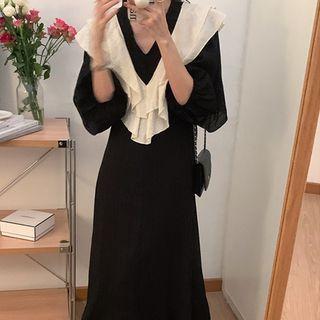 3/4-sleeve V-neck Two-tone Midi A-line Dress Black - One Size