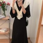 3/4-sleeve V-neck Two-tone Midi A-line Dress Black - One Size