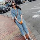 Short-sleeve Collared Denim Jumpsuit