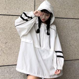 Striped Hooded Half-zip Windbreaker