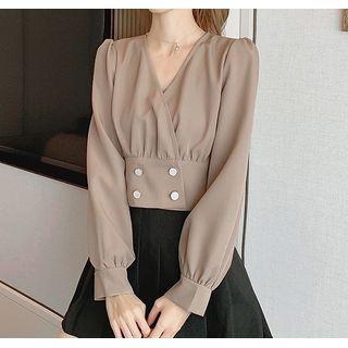 Long-sleeve Plain V-neck Cropped Top