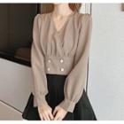 Long-sleeve Plain V-neck Cropped Top