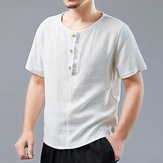 Short-sleeve Embroidered Buttoned Placket Top