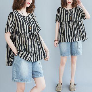 Striped Short-sleeve Blouse Stripe - Black & Light Gray - One Size