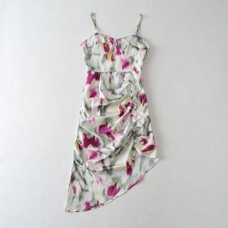 Spaghetti Strap Asymmetrical Floral Print A-line Dress