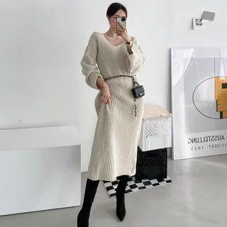 V-neck Oversize Long Sweater Dress