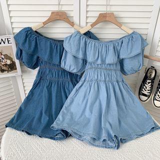 Boatneck Ruffle-trim Denim Playsuit