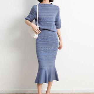 Set: Elbow-sleeve Knit Top + Knit Midi Mermaid Skirt