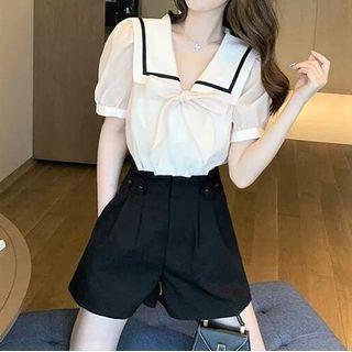 Set: V-neck Two-tone Top + Shorts