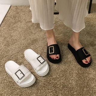 Buckled Faux Leather Platform Slide Sandals