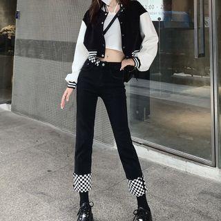 Two-tone Cropped Baseball Jacket / Checkerboard Roll-up Straight Leg Cropped Jeans