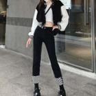 Two-tone Cropped Baseball Jacket / Checkerboard Roll-up Straight Leg Cropped Jeans