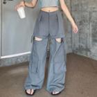 Mid Rise Plain Cut-out Pocket Detail Wide Leg Pants