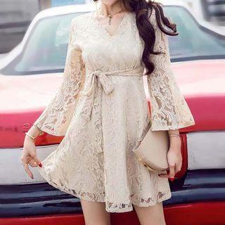 Bell Long-sleeve Tie-waist Lace Dress