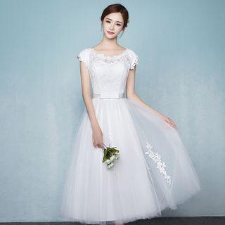Lace Panel Short-sleeve Midi Bridesmaid Dress