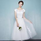 Lace Panel Short-sleeve Midi Bridesmaid Dress
