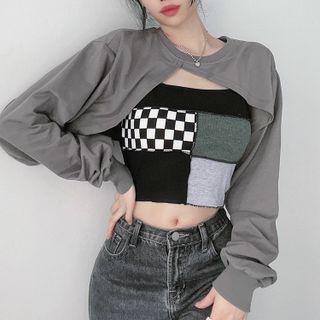 Checker Print Panel Camisole Top / Crop Sweatshirt / Set