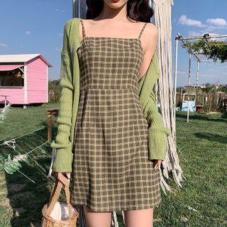 Plaid Spaghetti Strap A-line Dress / Cardigan