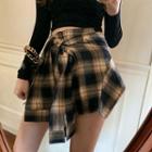 Long-sleeve Ribbed Cropped T-shirt / Plaid Mini A-line Skirt