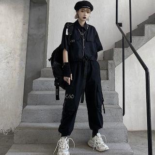 Pocket Detail Short-sleeve Shirt / Cropped Harem Pants / Set
